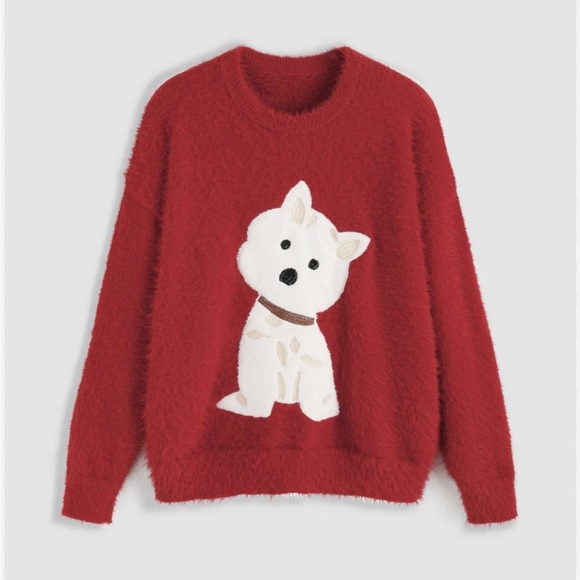 ROUND NECK FUZZY PUPPY KNIT LONG SLEEVE SWEATER OVERSIZED COMFY CUTE RED WHITE - Picture 1 of 5